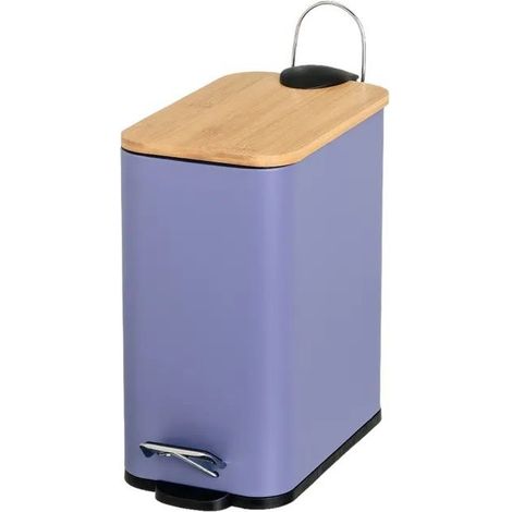 Poubelle à Pédale 5L en Métal Bleu et Couvercle en Bambou avec Seau Intérieur-Longueur 25 x Profondeur 14 x Hauteur 27cm (1/5)