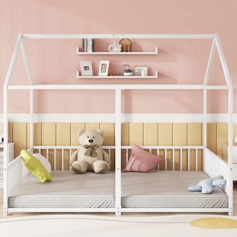 Lit superposé enfant en métal blanc 90 x 200 cm, forme maison avec échelle et barrières de sécurité, structure stable, sans matelas – de FLORAGRACE (1/5)