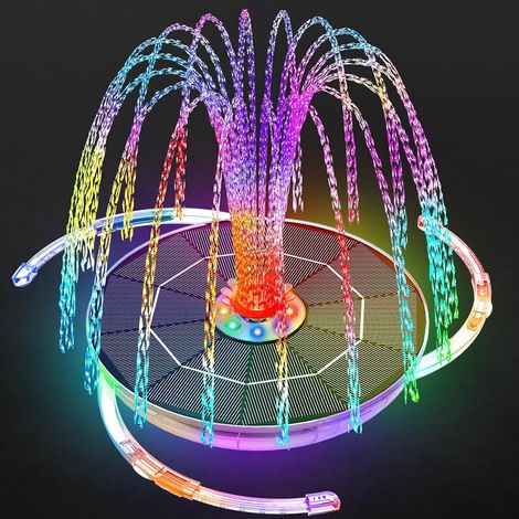 Fontaine solaire LED 6,5 W avec barre de support réglable - Pompe de bassin solaire colorée - Batterie intégrée avec LED double face - Fontaine solaire ronde pour bain d'oiseaux, bassin de (1/5)