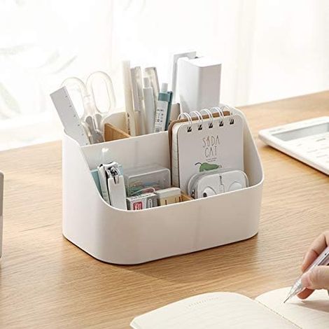 Organizador de escritorio de bambú con 5 compartimentos, multifuncional, para controles remotos, suministros de oficina y brochas de maquillaje, color blanco.