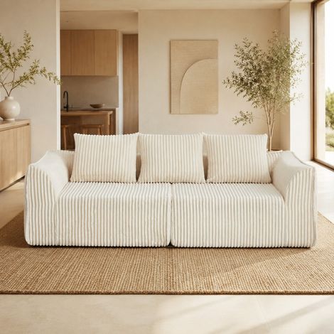 Canapé modulaire en velours côtelé beige avec accoudoirs et dossier incurvés, mousse, assise extra-large, 2 coussins, sans montage – de FLORAGRACE (1/5)