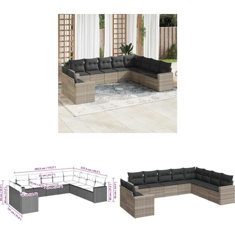 vidaXL Salon de jardin avec coussins 10 pcs gris clair résine tressée (1/3)