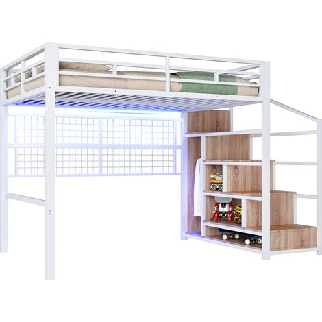 Lit mezzanine 140 x 200 cm en métal blanc avec armoire, échelle de rangement, grille de suspension et LED 7 couleurs, sans matelas - CHICFURN (1/5)