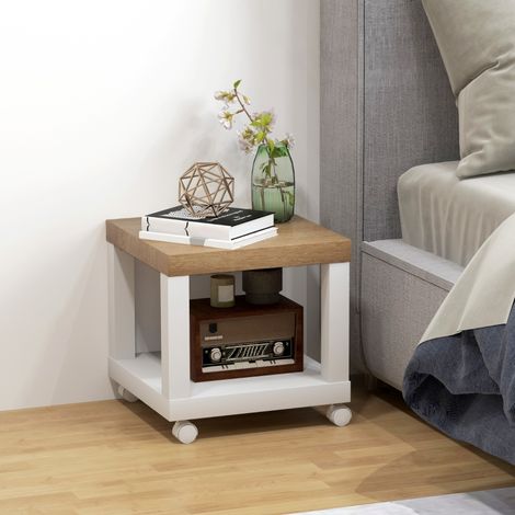 Table d'appoint roulante, table basse moderne avec étagère ouverte, 40 x 40 x 40 cm, bois naturel & blanc (1/5)