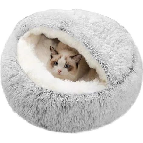 Lit apaisant en forme de beignet, coussin en peluche douce et chaude avec éponge confortable, fond antidérapant, 50 cm, gris (1/4)