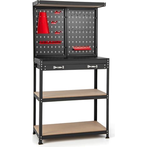 COSTWAY Banco da Lavoro con Pannello Forato, Banco da Lavoro con Scaffali e Cassetti per Utensili, 14 Accessori Appesi, Telaio in Metallo, per Garage e Officina, 81 x 41 x 155 cm (1/5)