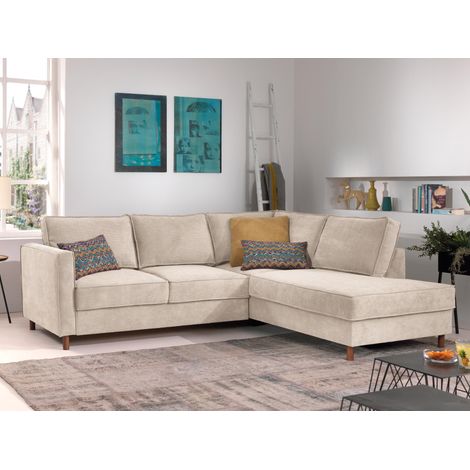 Lisa Design – Canapé d'angle convertible 5 places – Revêtement en velours côtelé beige – Structure en bois massif – Dimensions L230xH84xP198 cm (1/5)