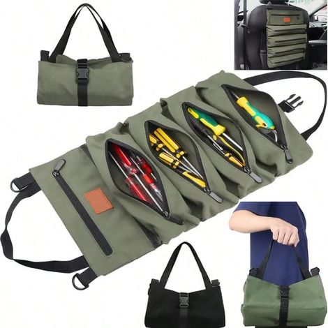 Sac organiseur d’outils roulant multifonction, avec 5 poches zippées pour pinces, serre-joints, tournevis, clés et douilles – Sac de rangement compact et en tissu résistant pour le travail et les aven (1/5)