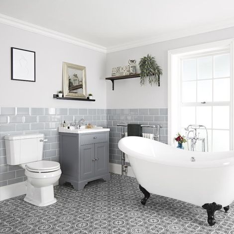 Milano Thornton Light Grey Bathroom Suite with Freestanding Double Ended Slipper Bath and Feet 630mm Vanity Unit and Close Coupled Toilet WC - Black Ball & Claw Feet (1/5)