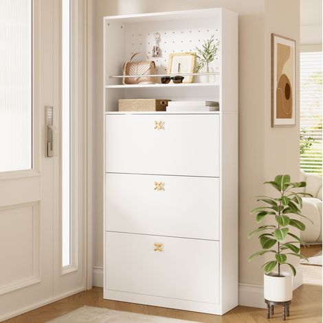 Schmaler Schuhschrank mit 3 Klappen und 2 offenen Fächern, Weiß, 80 x 24 x 178,5 cm HAVRYA (1/5)