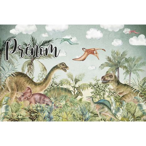 Papier peint panoramique enfant avec prénom personnalisable - Dinosaures - 130 cm x 86 cm (1/2)