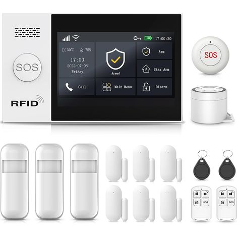 Écran Tactile 4,3" Alarme Maison sans Fil, 4G/WiFi Système d'Alarme, 21 Pack: 120DB Sirène, 6 Capteurs de Fenêtre et de Porte, 3 Détecteur de Mouvement