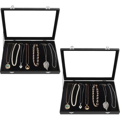 Boite a Bijoux en Velours Noir avec Couvercle en Verre et 20 Crochets (Lot de 2) - Boite Rangement Collier et Bracelets Empilables - Idéales pour Boucles d’Oreilles & Chaines de Cheville