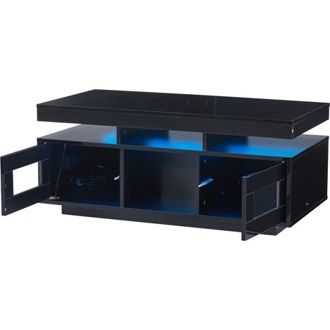 Tavolino da salotto nero lucido 100x50x43 cm con LED App, presa e USB, con vano contenitore (1/5)