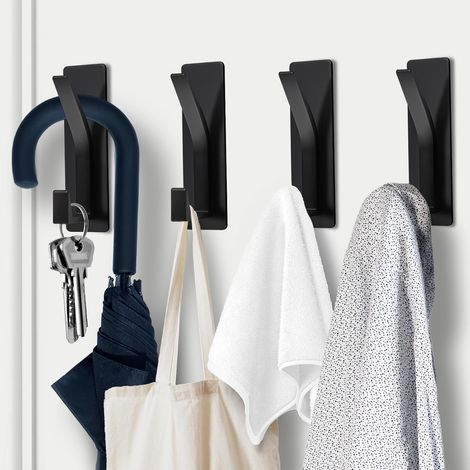 Wall-Mounted Adhesive Hooks, 4 x Wall-Mounted Adhesive Hooks for a Weight of 6 kg, Self-Adhesive Hooks for Towels, Coats, Hats in the Bathroom and Kitchen (Black) (1/4)