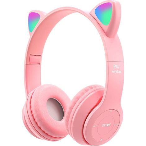 Cuffie per bambini con orecchie da gatto, wireless, pieghevoli con microfono, luce LED RGB, regalo giocattolo scolastico A (1/2)