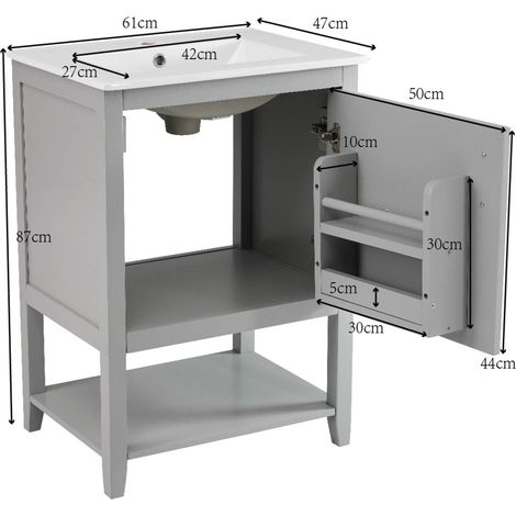 Mobilier de salle de bain : un seul lavabo,meuble lavabo de 60 cm avec lavabo en céramique,avec étagère,gris clair
