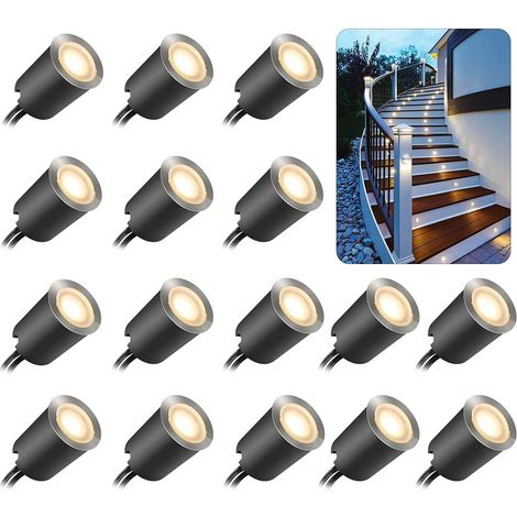 Spots LED Encastrable Extérieur 16LED, Etanche IP67, Spots à Encastrer pour Terrasse Bois Plafond, 0,6W DC12V Blanc Froid, Kit Mini Lampe pour Chemin [Classe énergétique A+] (1/5)