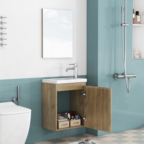 Hängender Badschrank 40 cm mit Keramikwaschbecken und Spiegel, Eiche, OKMYHOME (1/5)