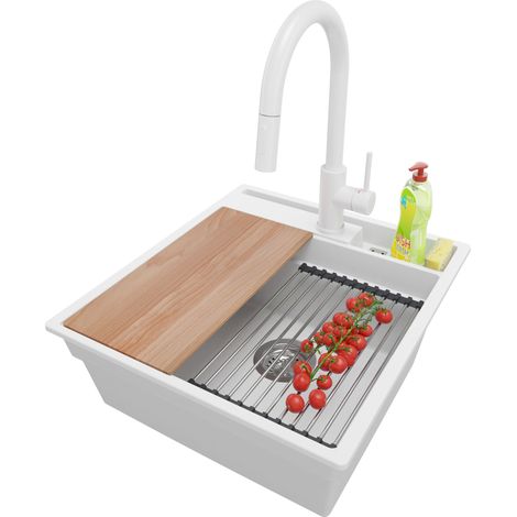 PRIMAGRAN Evier Cuisine en Granit 48x53cm, Lavabo 1 bac + Robinet 40x20cm + Kit de Vidage + Accessoires, Évier à Encastrer au meuble 50cm - Oslo Pocket, Blanc (1/5)