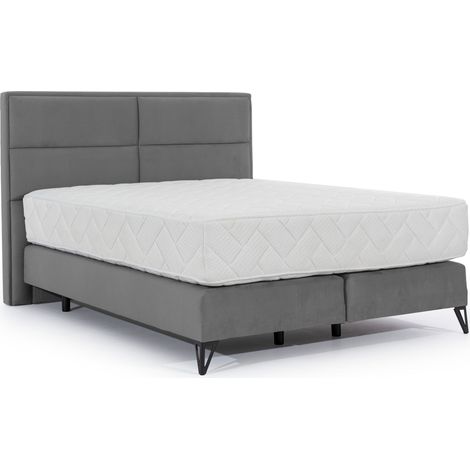 Lit continental tissu gris Tiempo avec matelas 30cm en latex et pied métal noir-160x200 (1/5)