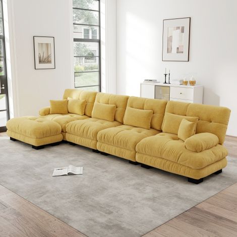 Modulares Ecksofa, L-förmiges Couch Set für Wohnzimmer, 4-Sitzer Komfortable Cloud Couches mit beweglichem Ottoman, DIY-Kombination, Gelb 
WL