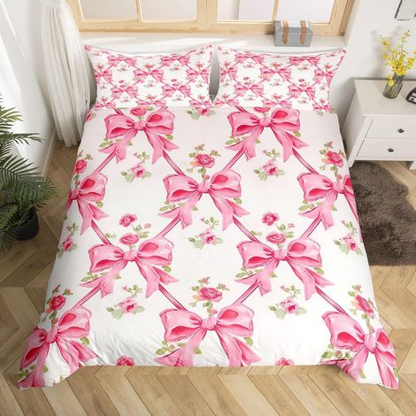 Housse de Couette 140x200 Nœud de Noël, Parure de Lit Fleuri À Nœuds Roses pour Enfant Fille, Sets de Housses de Couettes Nœud Papillon Kawaii, Couvre Lit Princesse Mignonne, 2 Pièces - 140x200cm + 1  (1/5)