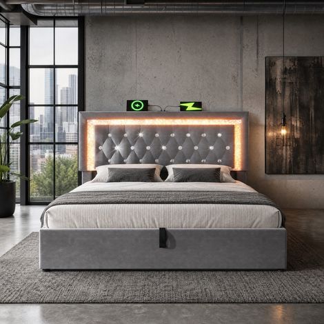 Polsterbett 160x200 cm mit Stauraum, LED, USB und USB-C, verstellbares Kopfteil HAVRYA (1/5)