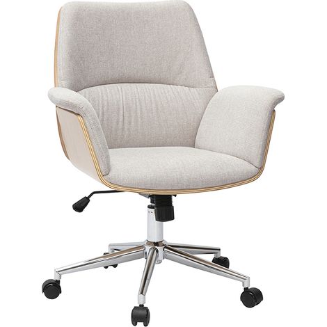 Sedia da ufficio con ruote in tessuto effetto velluto testurizzato beige, legno chiaro e metallo cromato HELIOS