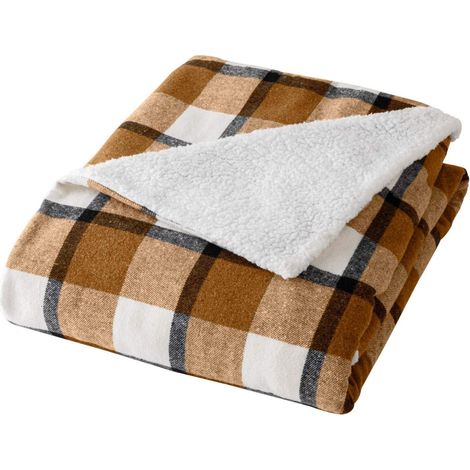 Plaid 125x150 cm - Ecossais Camel, Tartan et Sherpa - Marron (1/5)