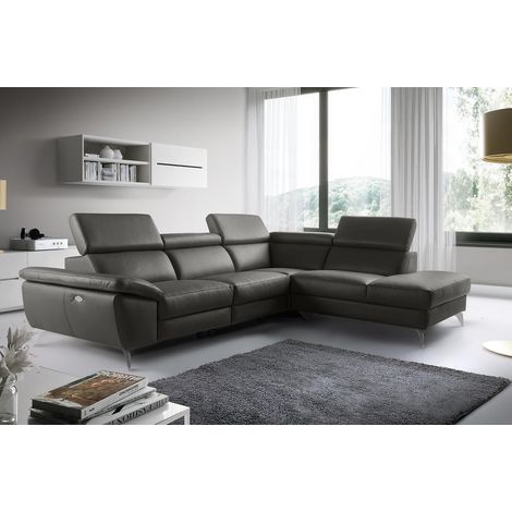 Canapé d'angle relax en 100% tout cuir épais de luxe italien avec relax électrique, 5/6 places KASTER, anthracite, angle droit (1/5)