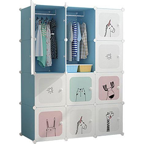 DIY Armoire Penderie pour Enfants,Étagère de Rangement en Plastique Meuble de Rangement Portable pour Vêtements Chaussures Jouets Accessoires, 12 cubes, bleu,111x47x147CM