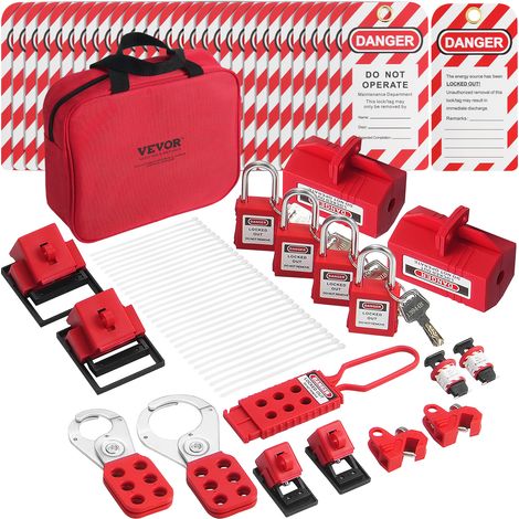VEVOR Kit di Etichettatura di Blocco Elettrico da 47 Pezzi, Kit di Sicurezza Loto Include Lucchetti, Fermagli, Etichette, Blocchi di Spine, Borsa per Trasporto, per Energia Elettrica Industriale