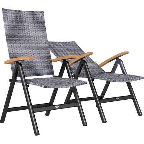 2 Pieces Folding Rattan Garden Dining Chairs with 5-level Reclining High Back, Wood Armrests for Outdoor - Light Grey (1/5)