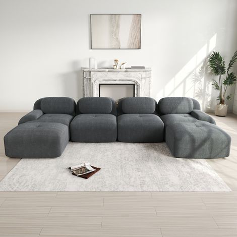 Canapé de esquina modular de pana gris, sin montaje, sin armazón y con espuma 32D de alta elasticidad (1/5)