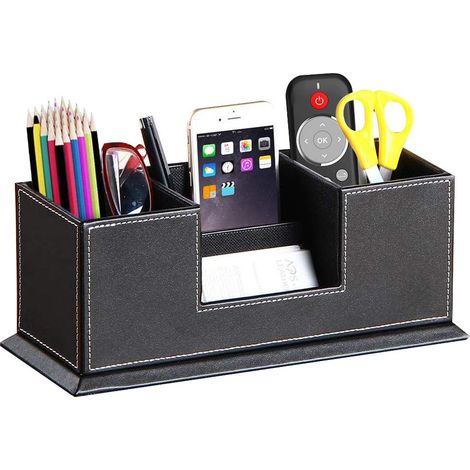 Boîte de rangement multifonction en cuir synthétique pour stylos, crayons, cartes de visite, téléphone portable/télécommande, fournitures de bureau (Noir)