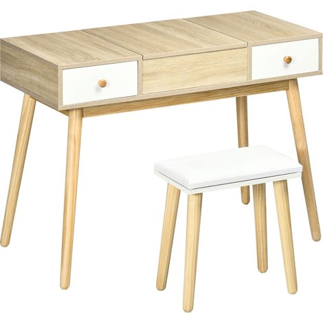 Coiffeuse avec tabouret miroir 2 tiroirs style Scandinave 100 x 45 x 118 cm naturel blanc