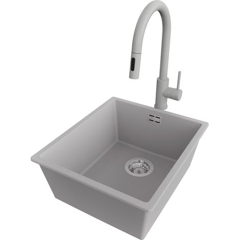 PRIMAGRAN Evier Cuisine en Granit 41x47cm,Lavabo 1 bac + Robinet 40x20cm + Kit de Vidage, Évier à Encastrer au meuble 45cm - London Slim, Gris (1/5)