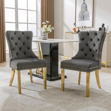Chaise de salle à manger - Noname - Gris/or - Velours - Acier inoxydable plaqué or - Lot de 2 (1/5)