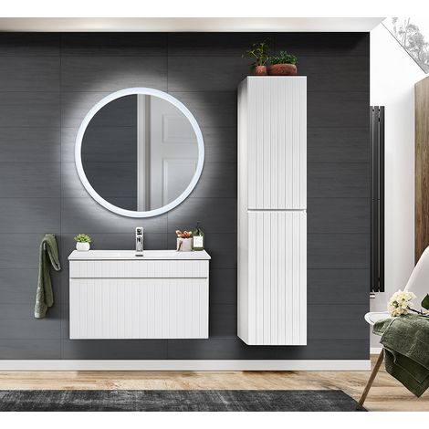 Badmöbel Set IRAKLIO-56 in weiß matt, 80cm Waschtischunterschrank mit Keramik Waschbecken, LED Spiegel und Hochschrank, B/H/T: ca. 135/200/46 cm (1/5)