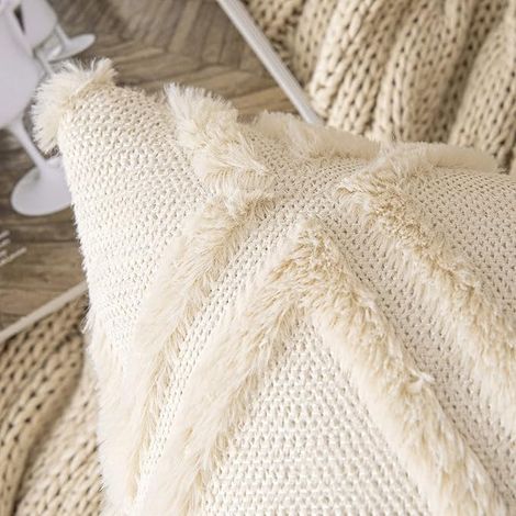 Housse Coussin 40x40 cm Beige Carré Brodé Poils (1/4)