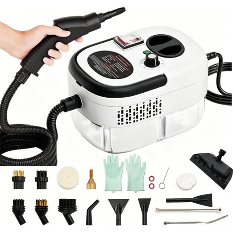 Nettoyeur vapeur portatif 2500W – Vapeur haute température 229°F – Pression 3BAR – 3 têtes de brosse pour cuisine, salle de bain, voiture（Version blanche）