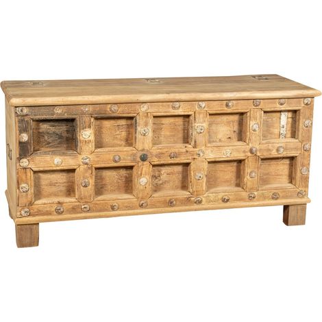 Coffre, coffre, banc, conteneur, étui, original antique en bois de teck sculpté avec une finition décapée