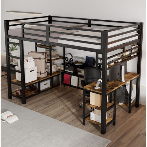 Lit mezzanine 120x200 cm avec bureau et étagère, noir et bois foncé DESVIAE (1/5)