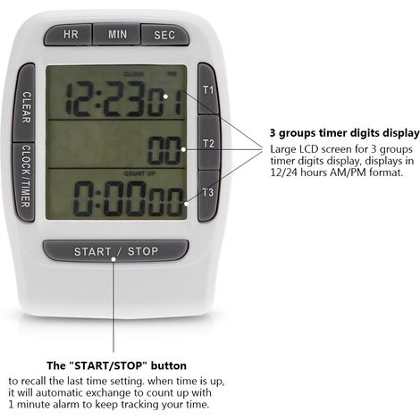 Minuteur numérique portable 3 canaux, chronomètre LCD précis, compte à rebours double affichage pour cuisine, sport, bureau (1/5)