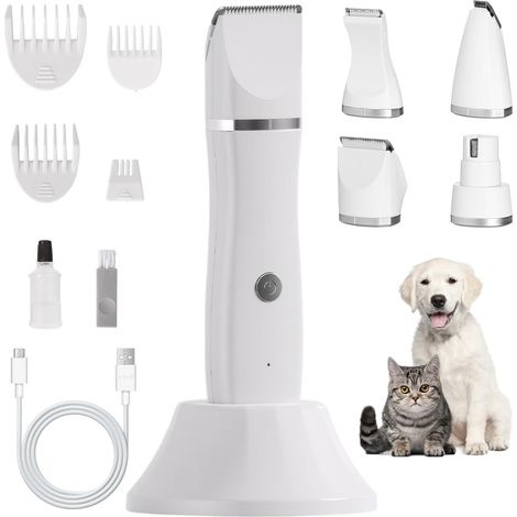 4 in 1 Dog Clipper Set, Silent Clippers IPX7 Waterproof for Dog Cat and Dog, Wireless Founder Grooming for Animals, Electric Dog Clippers with 4 Multifunctional Cutting Heads (1/5)