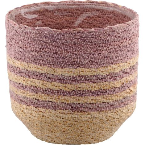 Gasper – Cache-pot CREATIV home avec doublure plastique – Rose et naturel, jonc de mer, Ø 14,5 x H 14,8 cm