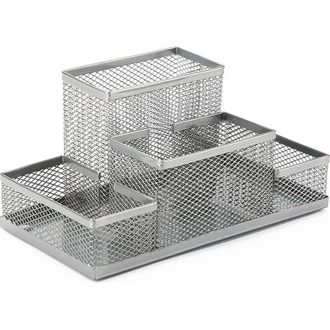 Schreibtisch-Organizer mit Stift- und Notizbuchhalter, Metallgitter, silber.