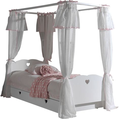 Lit à baldaquin AMORI 90x200 – Avec tiroir lit & voilage sans sommier-