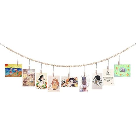 Présentoir photo mural avec guirlande de perles en bois, cadre photo collage pour décoration murale bohème, porte-photos avec 9 clips en bois, pour décoration rustique, maison, dortoir (1/5)